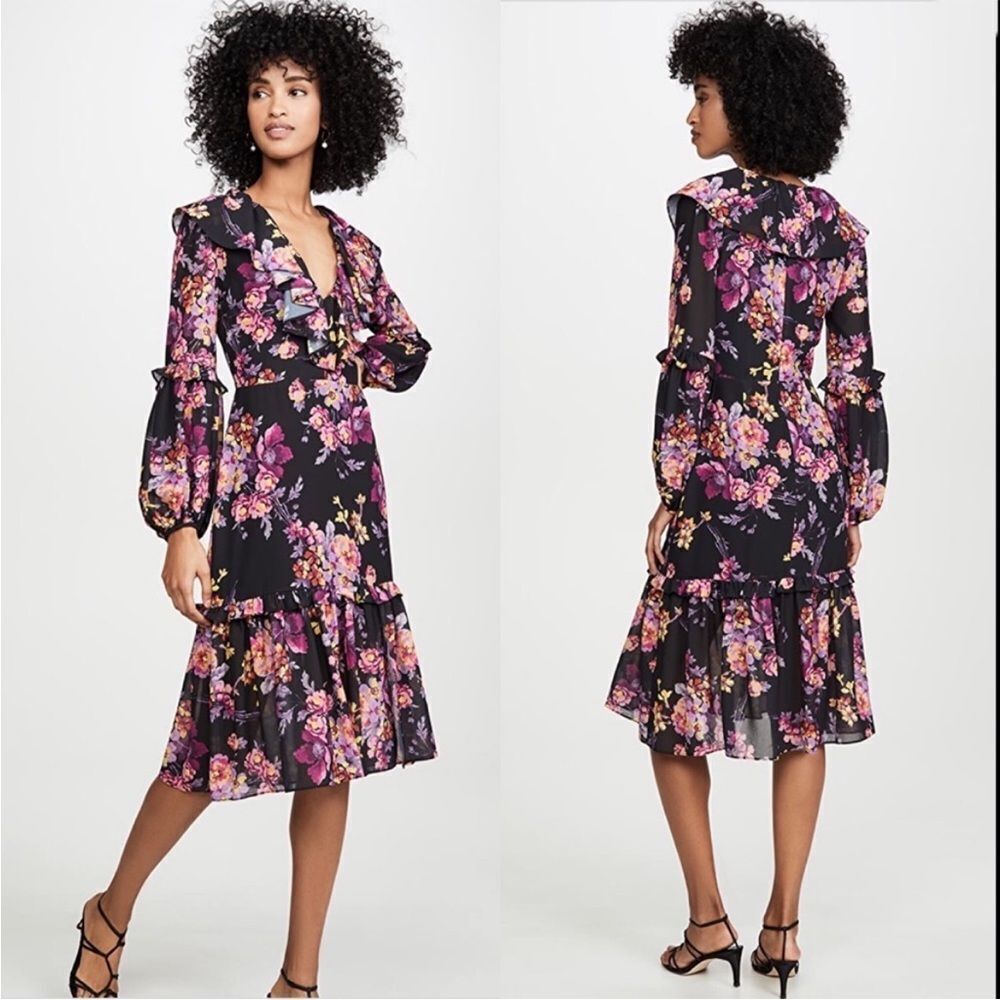 Amanda Uprichard Talulah Long Sleeve Ruffle Hem Midi Dress Large